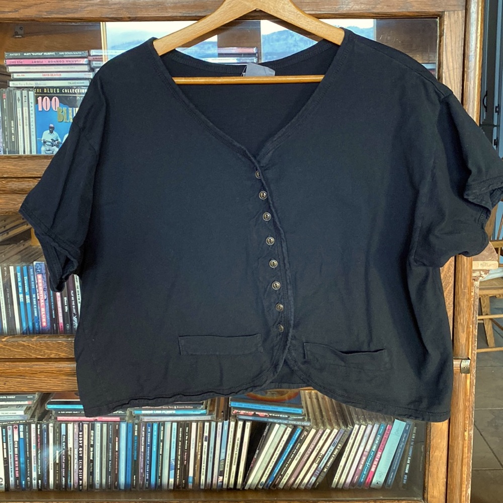 BASTILLE Oversized Cropped Short-Sleeve Black Button-Up T-Shirt Size Large